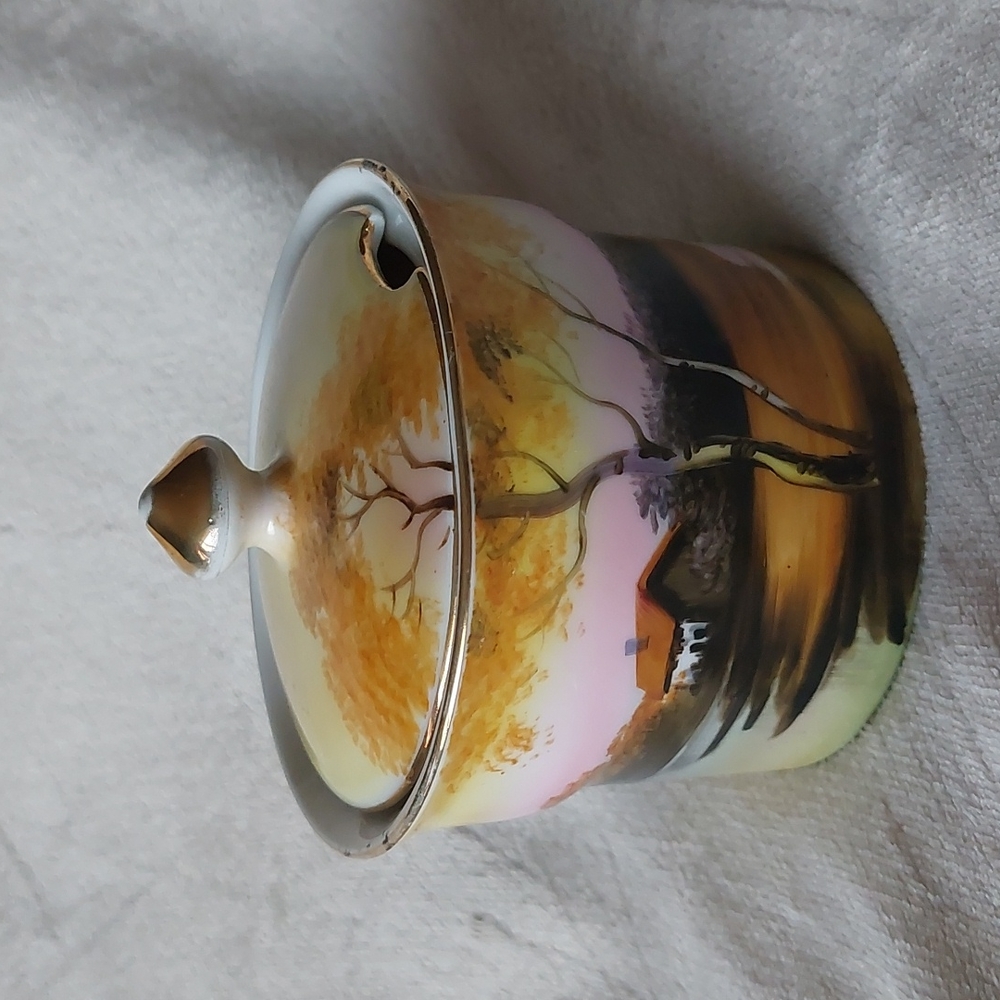 Noritake ceramic hand painted sugar bowl with lid tree and house design
